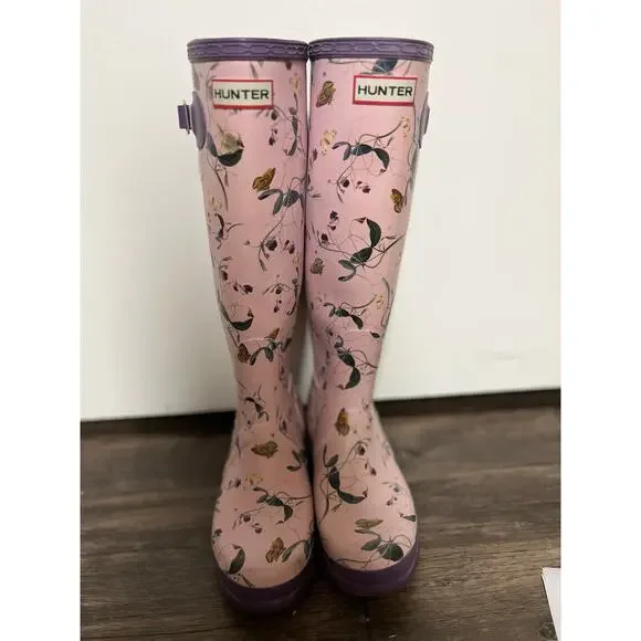 Hunter Wellington Floral Butterfly Rain Boots Purple Sz 7F Cottagecore Whimsical - Picture 2 of 8